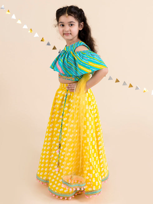 Girls Yellow Turquoise Blue Printed Ready To Wear Lehenga Blouse With Dupatta